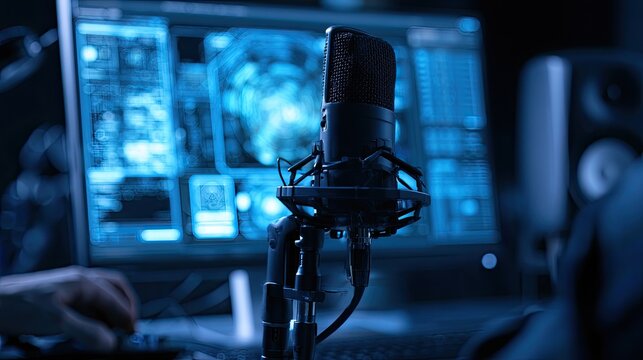 Close-up microphone in front of glowing digital screens in a dark room