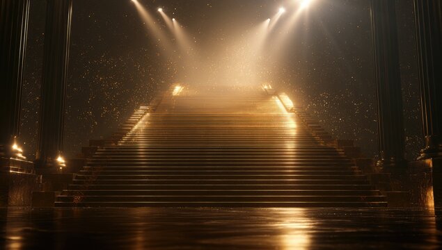 Golden grand staircase illuminated by spotlights, dust motes dance