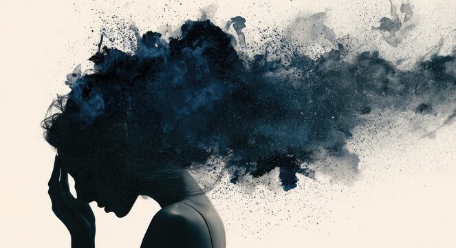 Silhouette of a person's head dissolving into dark smoke against a light background