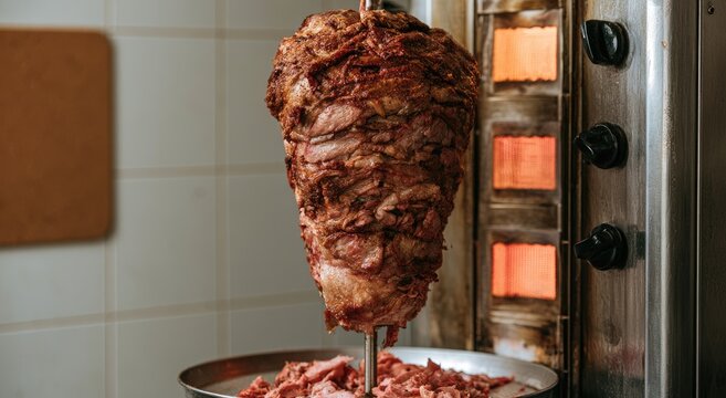 Rotating vertical spit of seasoned meat cooks under heat