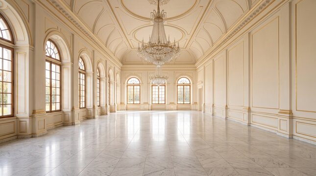 Elegant empty palace ballroom featuring white marble floors and gold accents, ideal for luxury wedding events or gala backgrounds.