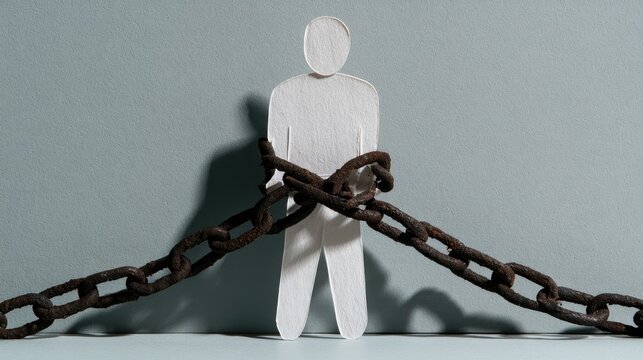 White paper cutout figure bound by heavy, rusty chains against a soft gray background