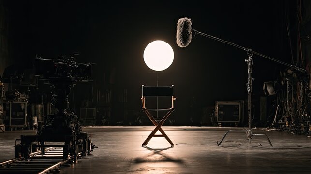 Empty chair bathed in spotlight on dark set with film camera