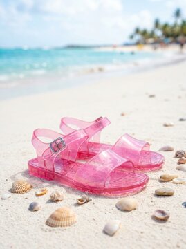 Shiny bubblegum jelly sandals rest on the white sand of a tropical beach near the turquoise ocean.