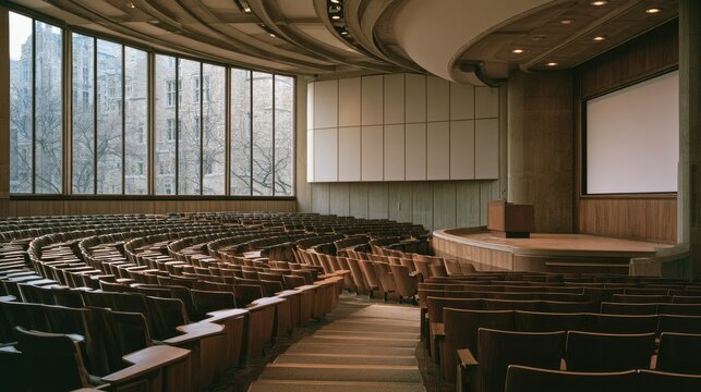 Curved lecture hall seating faces podium and projection screen