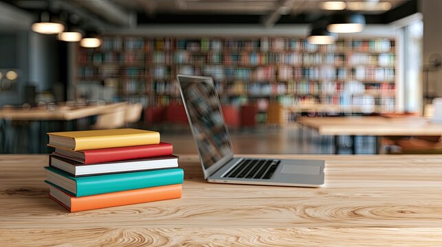 Stacked books and open laptop on wooden desk, blurred library shelves background