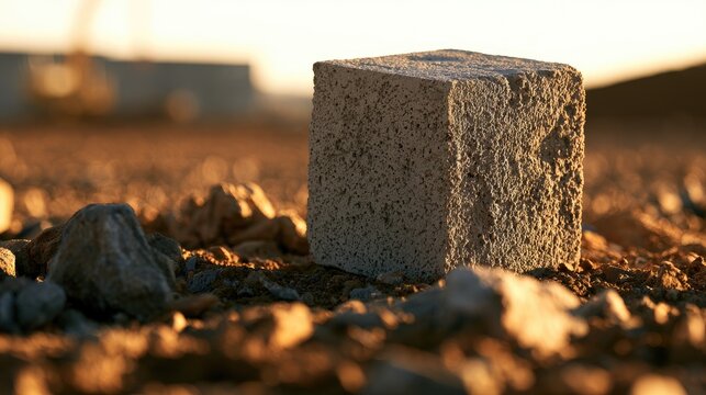 Rough-textured cube stands on gritty ground in warm, hazy sunlight