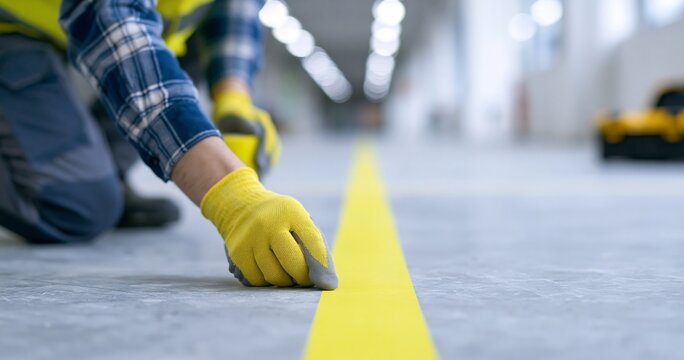 Worker applying yellow safety line indoors