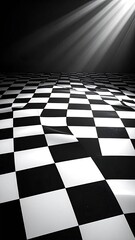 Naklejka premium A dark, dramatic scene featuring a warped checkerboard pattern illuminated by stark light beams.