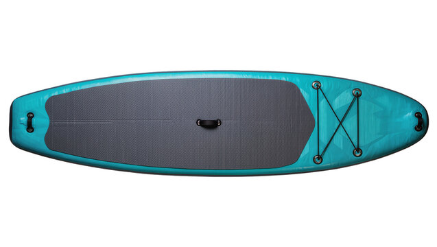 Teal inflatable stand up paddleboard with grey traction pad, isolated on transparent background