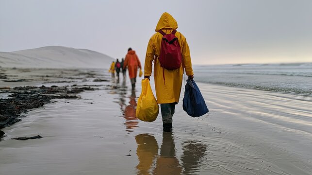 Figures in yellow slickers walk a debris-strewn beach under a cloudy sky