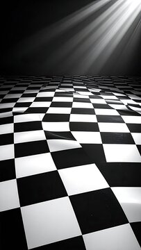 A dark, dramatic scene featuring a warped checkerboard pattern illuminated by stark light beams.