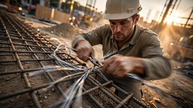 Focused construction worker in hard hat tying steel rebar with wire and pliers at a dusty building site during sunset