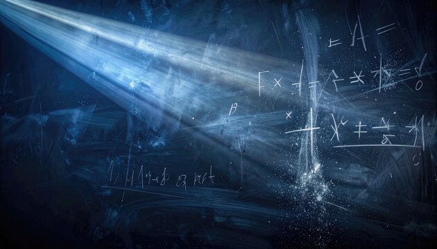 A beam of light illuminates a chalkboard covered in mathematical equations and symbols.