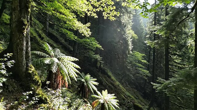 Sunlight rays filtering through dense green forest canopy.