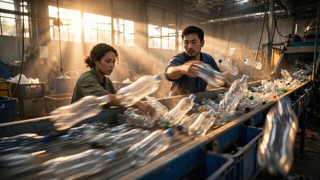 Two factory workers manually sorting flying plastic bottles on a fast moving conveyor belt in a busy sunlit recycling plant