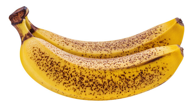 Two ripe yellow bananas with brown spots, isolated on transparent background