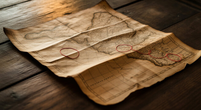 Antique paper map laid out on wooden table with red string circles indicating specific geographic locations for exploration.