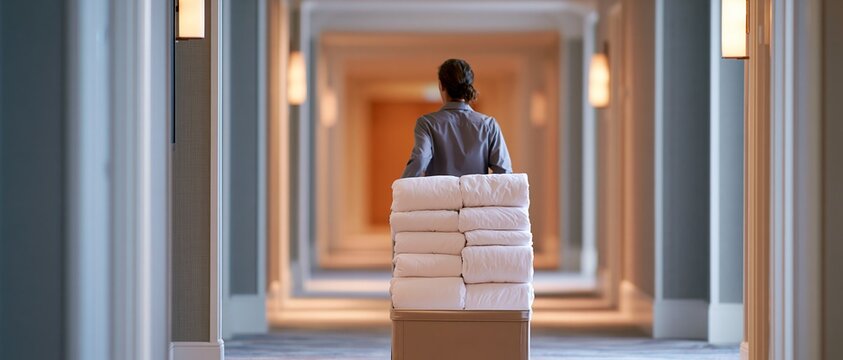 Hotel staff pushing cart with towels