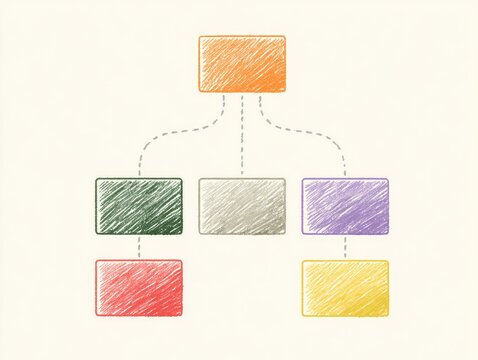 Hand-drawn organizational chart with colorful boxes connected by dashed lines