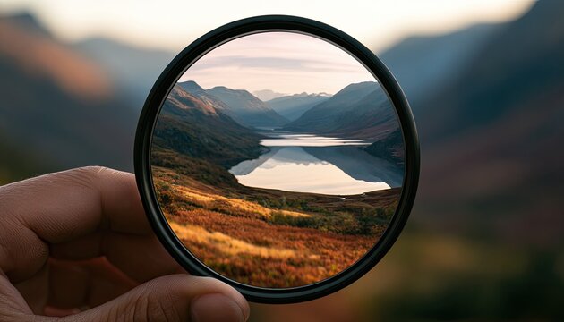 A hand holds a circular lens framing a serene mountain lake landscape