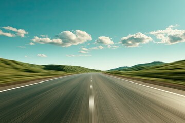 Fototapeta premium An empty, blurred highway stretches toward distant, rolling green hills under a vast sky