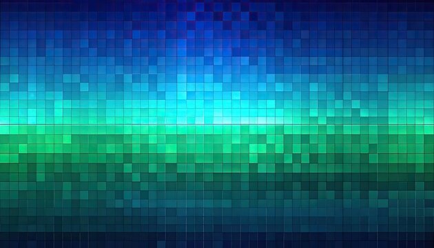A pixelated gradient background transitions from dark blue to green.