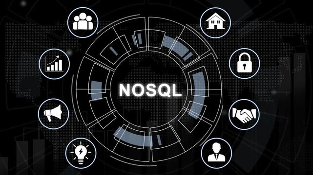 Advanced nosql database technology concept featuring interactive digital interface with network for big data management, cloud computing infrastructure, and modern enterprise software development