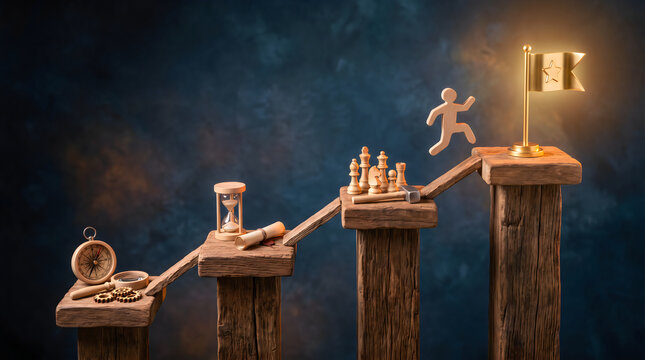 Figure jumping over a brick wall barrier towards a glowing target goal