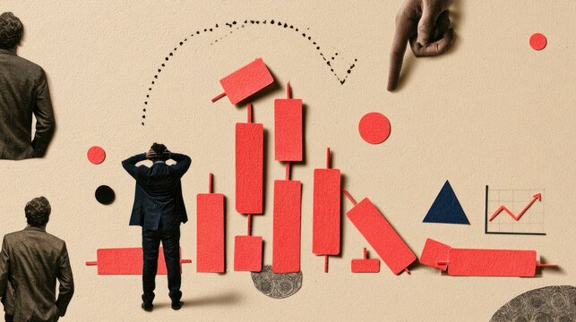 Stressed man surveys falling stock market with pointing finger