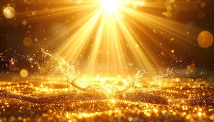 Naklejka premium Golden light beams illuminate a swirling vortex of shimmering particles and bokeh.