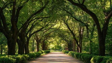 Fototapeta premium Sunlit dirt path lined with lush green trees forming an archway