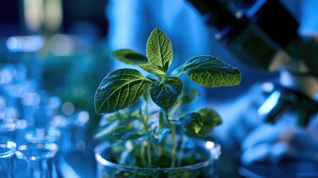 Small green plant in glass beaker, scientist examining with microscope