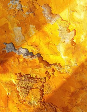 A close-up view of a bright yellow, weathered wall with peeling paint and visible cracks.