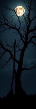 Silhouette of a broomstick leaning against a moonlit tree, Tree, Moonlight