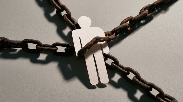 Paper figure entwined by rusty chains, symbolizing constraint and entrapment