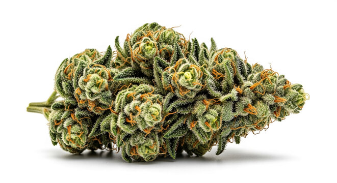 Close-up of a green marijuana bud with orange pistils, showcasing its textured surface, representing natural wellness and plant-based solutions