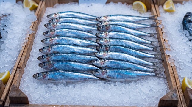 Freshly caught sardines arranged neatly on a bed of crushed ice with lemon slices