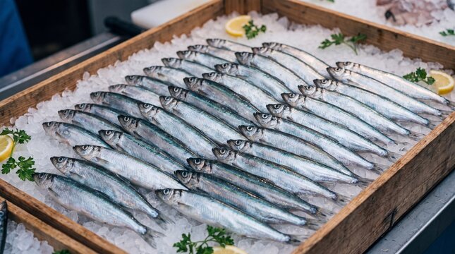 Freshly caught sardines neatly arranged on ice with lemon slices and parsley garnish