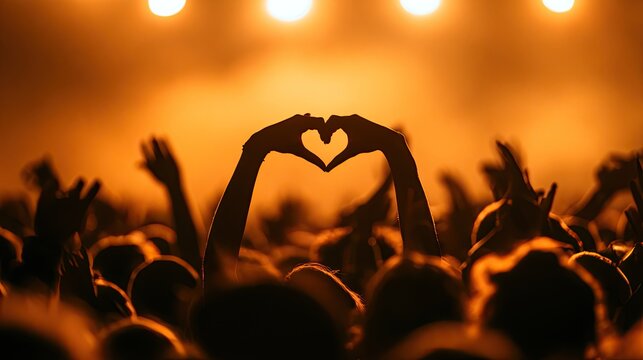 Crowd silhouetted against bright stage lights, a heart symbol formed by hands