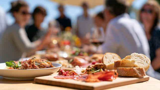 Friends gathering outdoors for La Fete du Cochon featuring rustic charcuterie board with sliced meats and fresh bread in a sunny garden setting