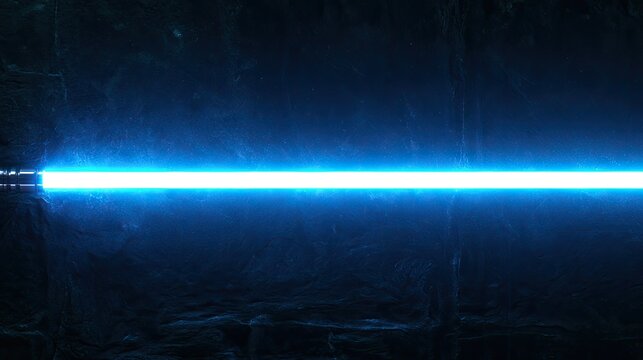 A radiant blue energy blade slices through darkness against a textured, rocky backdrop