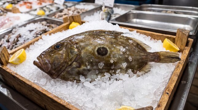 Fresh John Dory fish displayed on ice with lemon wedges at a seafood market stall