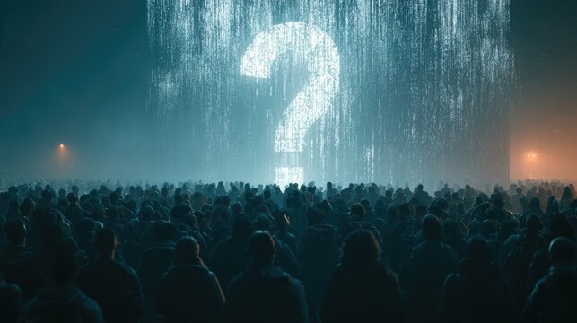 A large crowd gazes at a giant, glowing question mark projected in digital rain