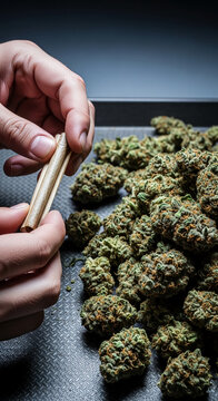 Hands rolling a cannabis joint amidst a pile of dried buds, representing cultivation, preparation, and consumption of medicinal or recreational plant.