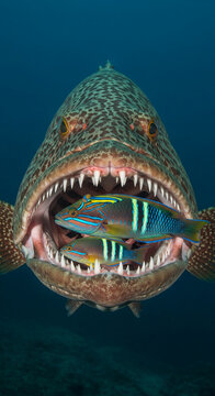 Giant fish with open mouth revealing sharp teeth and two smaller colorful fish inside, symbolizing predator and prey interaction in ocean life.