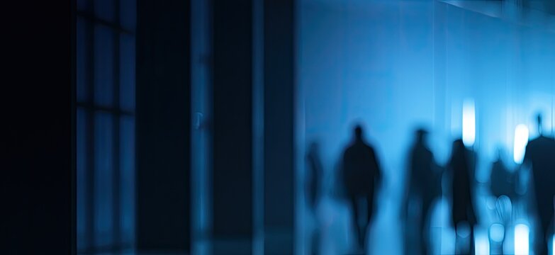 Silhouetted figures walk down a dimly lit, blue-lit corridor
