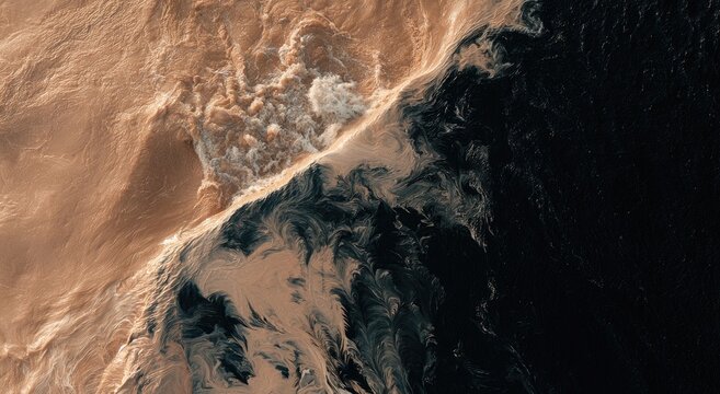 Turbulent meeting of opaque sediment-rich water and clear dark ocean