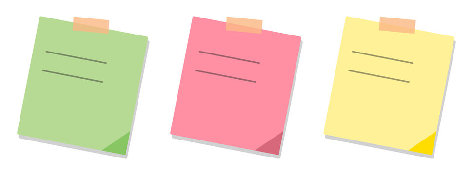 Three colorful sticky notes with tape flat vector illustration on black background