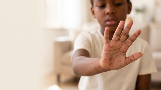 Pediatric dermatology: Black child holds out a rash-covered palm while checking unexplained skin lesions at home